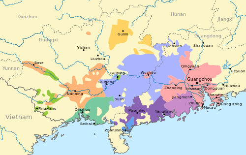  Map of Ping and Yue dialect groups in the Chinese provinces of Guangxi and Guangdong, based on map B8 of the Language Atlas of China, by Stephen Adolphe, Li Rong, Theo Baumann, and Mei W. Lee, Longman, 1987, ISBN 978-962-359-085-3. Retrieved from http://en.wikipedia.org/wiki/File:Ping_and_Yue_dialect_map.svg. Created by Kanguole
